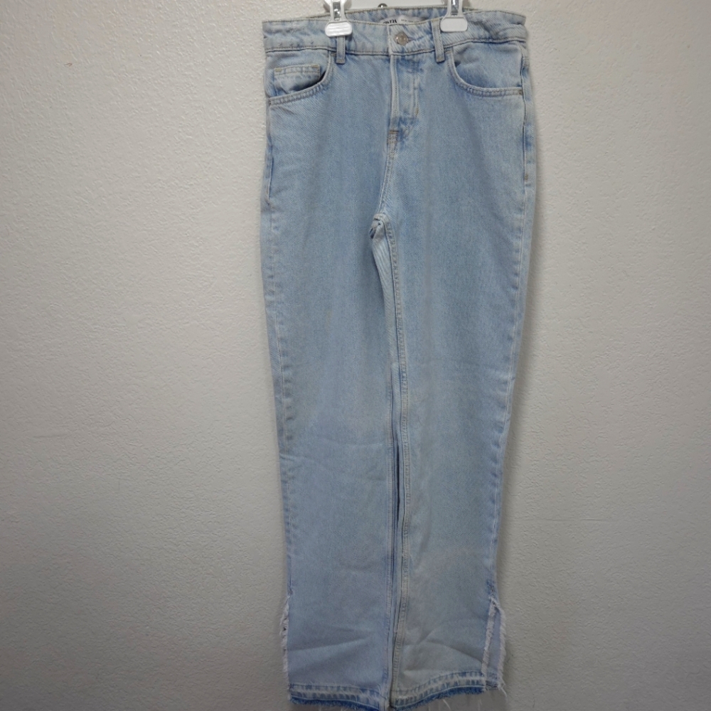 Zara Jeans Womens Blue Denim High Rise Split Raw Hem Straight Leg Size 4